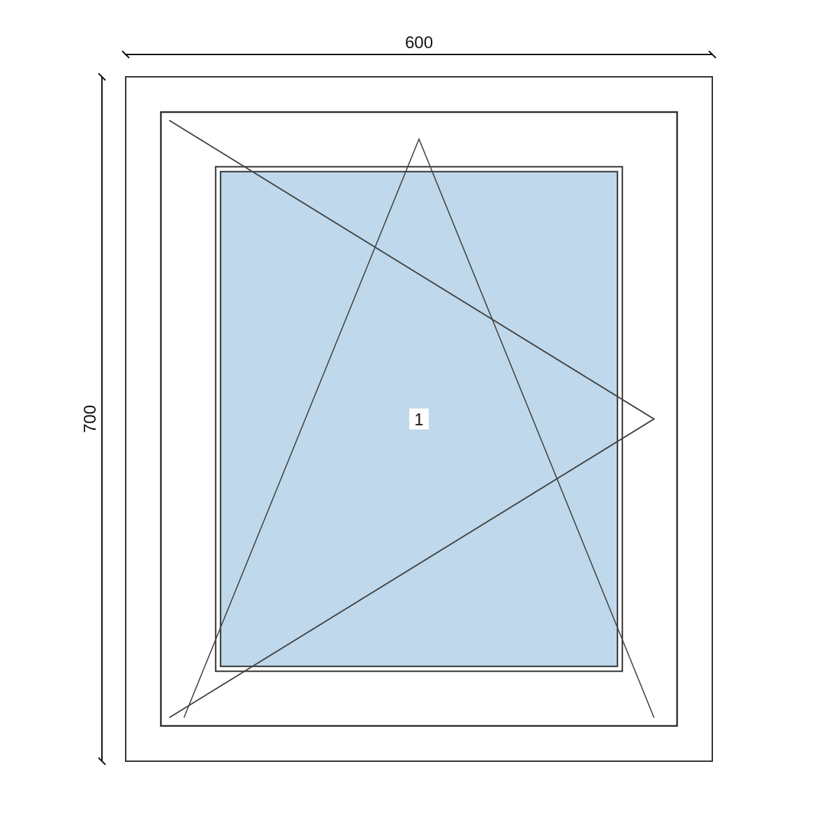 Serramento in PVC 600 × 700 mm, disegno della configurazione