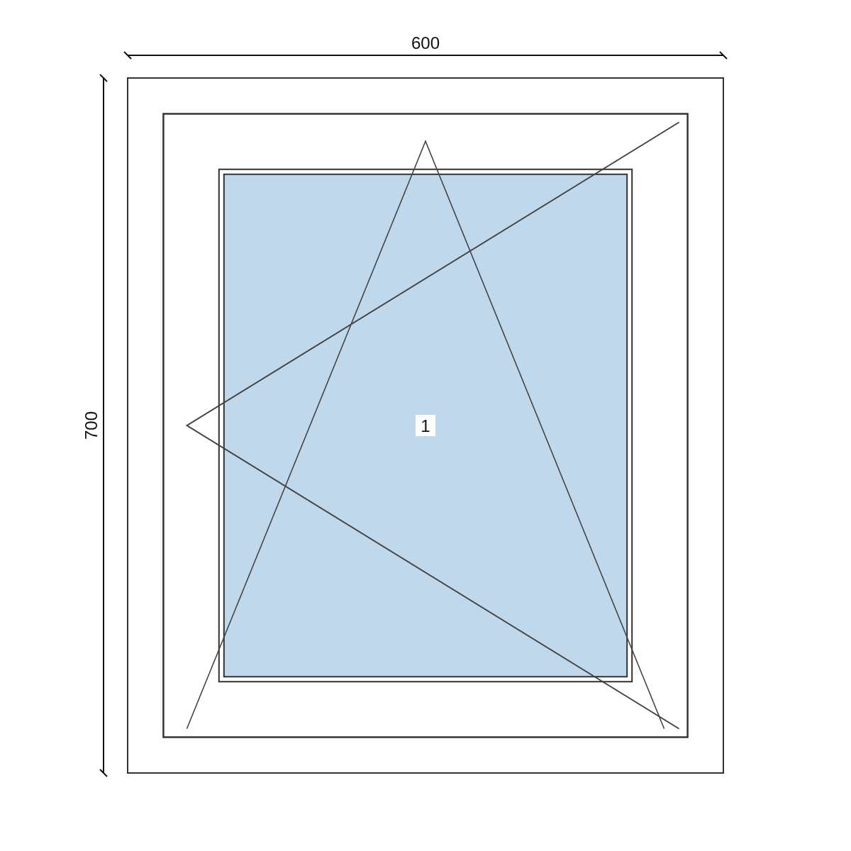 Serramento in PVC 600 × 700 mm, disegno della configurazione