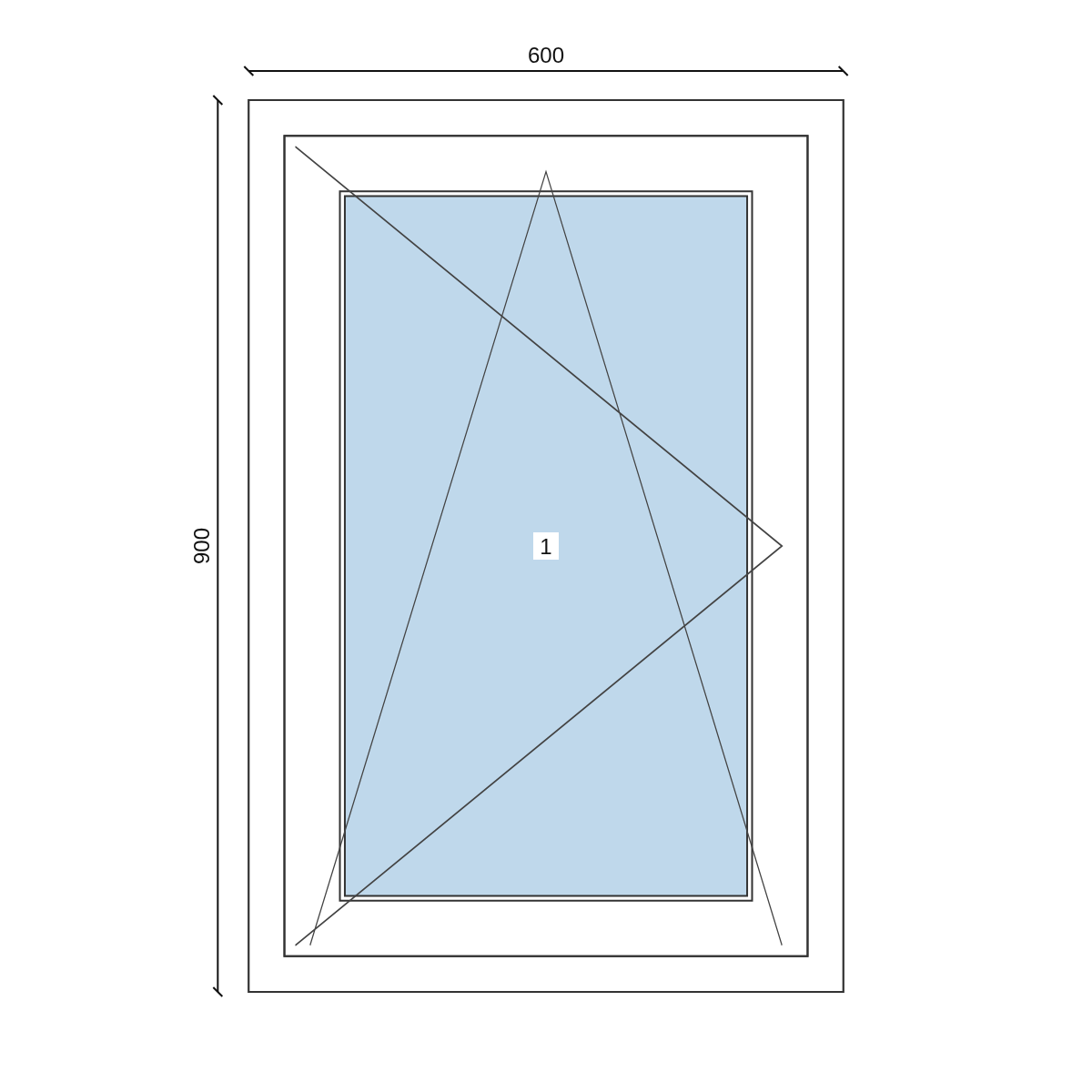 Serramento in PVC 600 × 900 mm, disegno della configurazione
