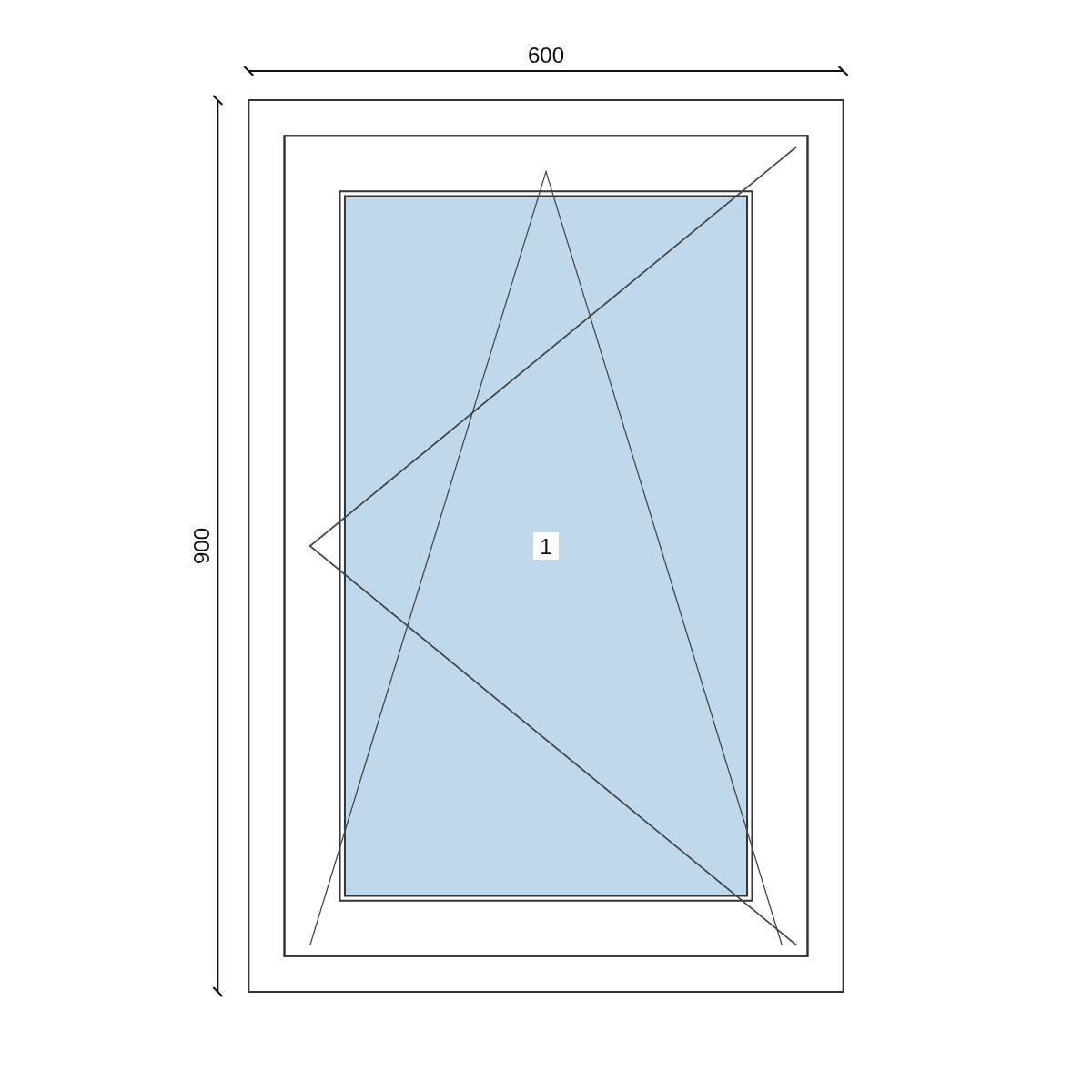 Serramento in PVC 600 × 900 mm, disegno della configurazione