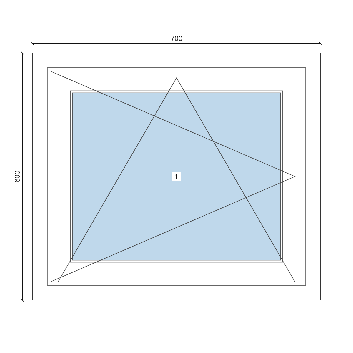 Serramento in PVC 700 × 600 mm, disegno della configurazione