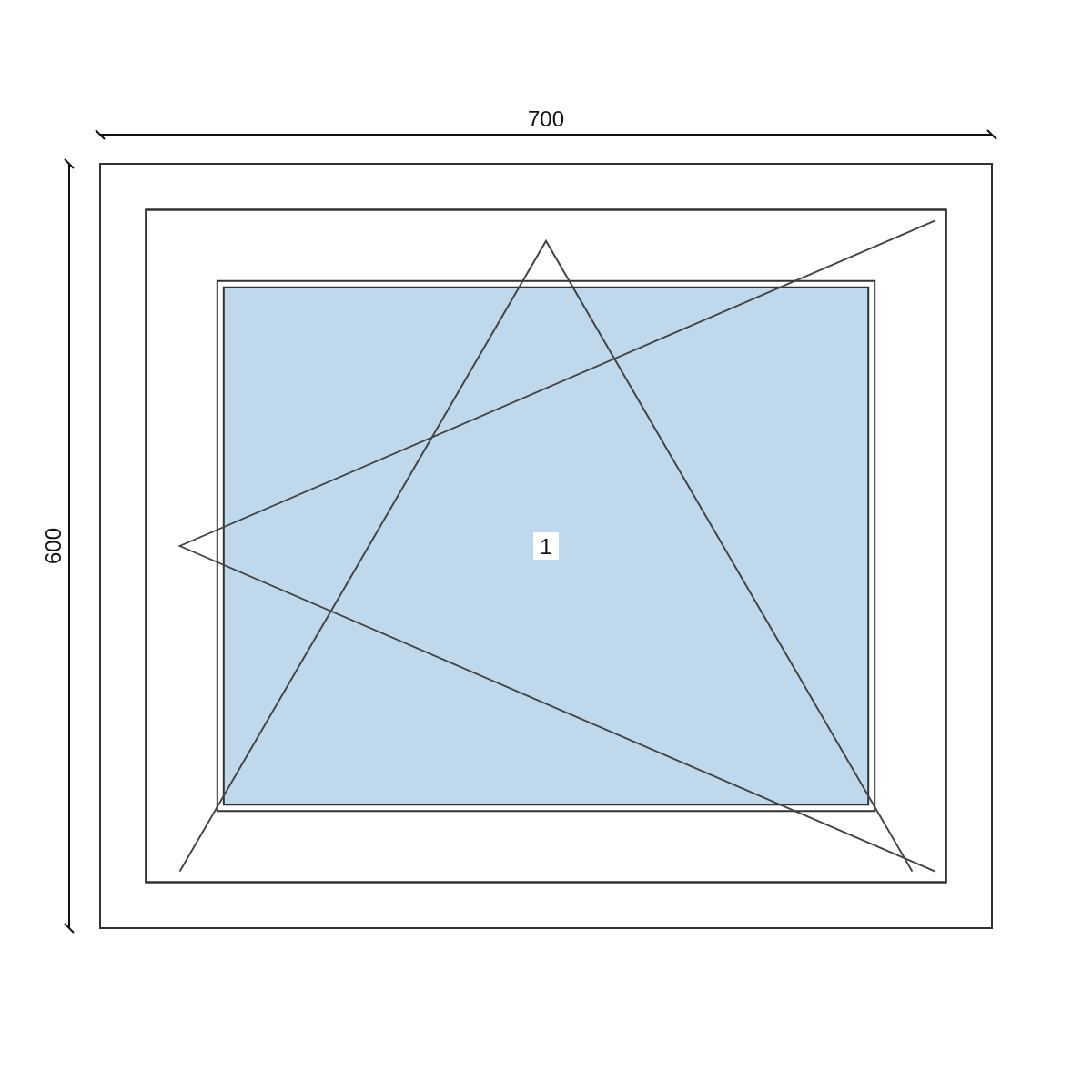 Serramento in PVC 700 × 600 mm, disegno della configurazione