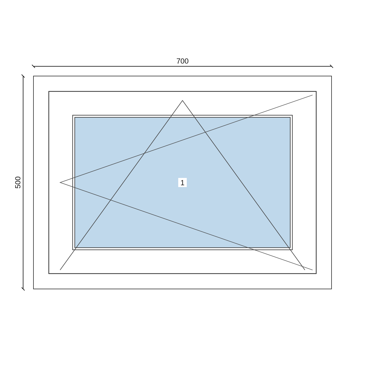 Serramento in PVC 700 × 500 mm, disegno della configurazione