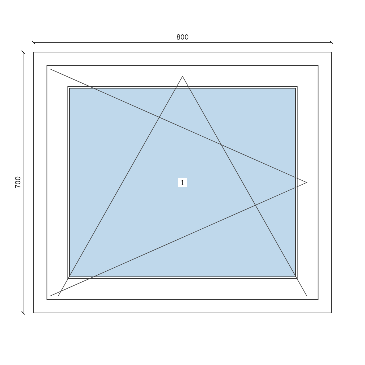 Serramento in PVC 800 × 700 mm, disegno della configurazione