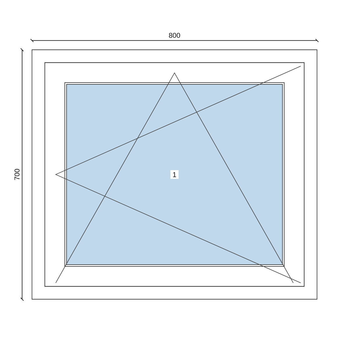 Serramento in PVC 800 × 700 mm, disegno della configurazione