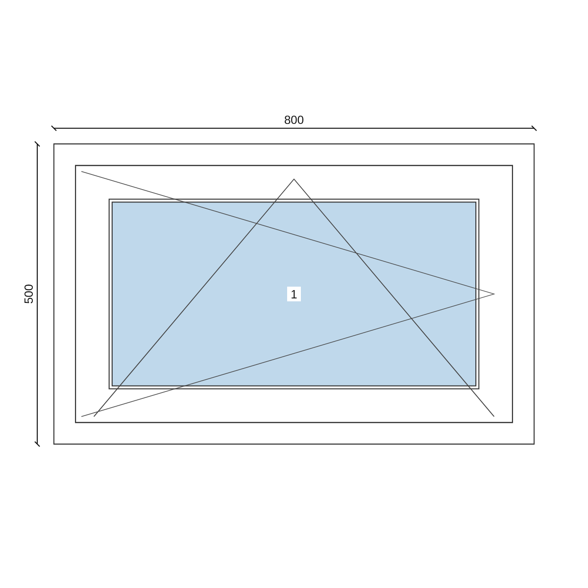 Serramento in PVC 800 × 500 mm, disegno della configurazione