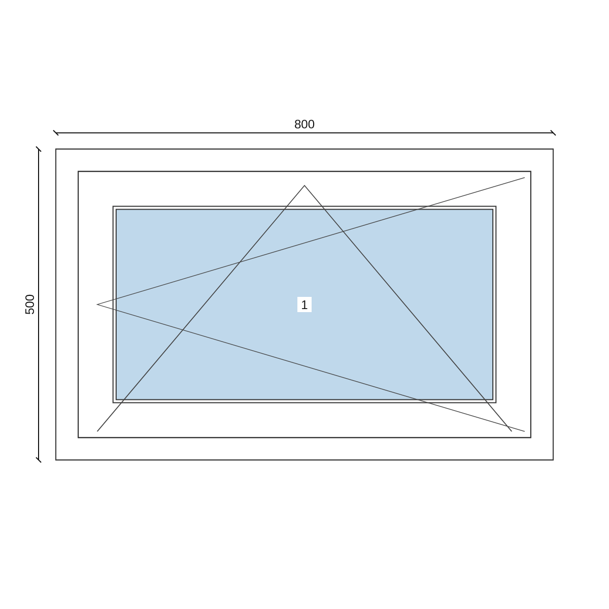 Serramento in PVC 800 × 500 mm, disegno della configurazione
