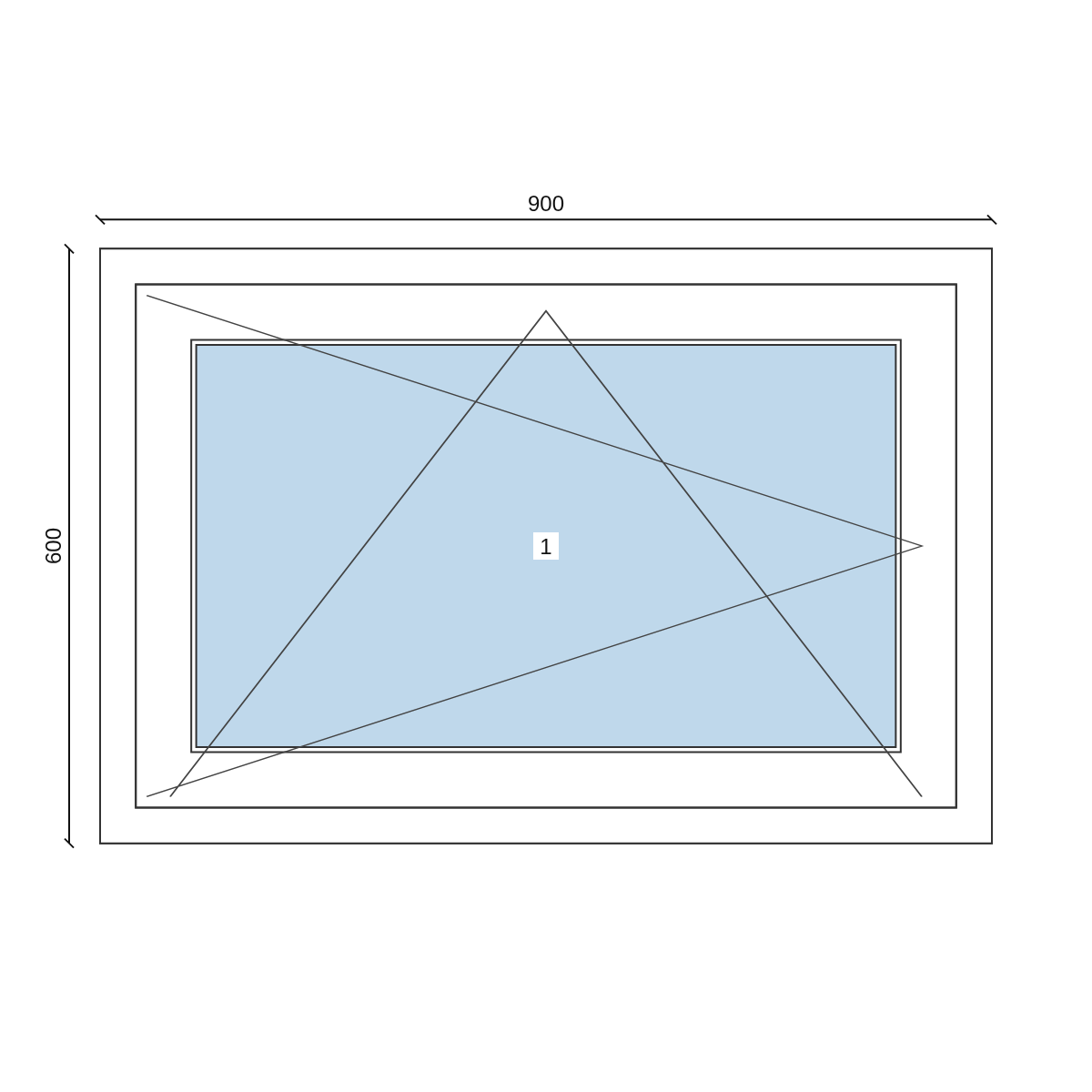 Serramento in PVC 900 × 600 mm, disegno della configurazione