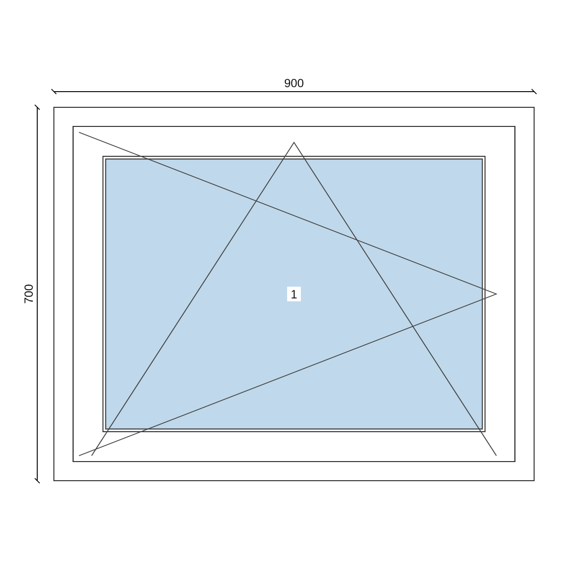 Serramento in PVC 900 × 700 mm, disegno della configurazione