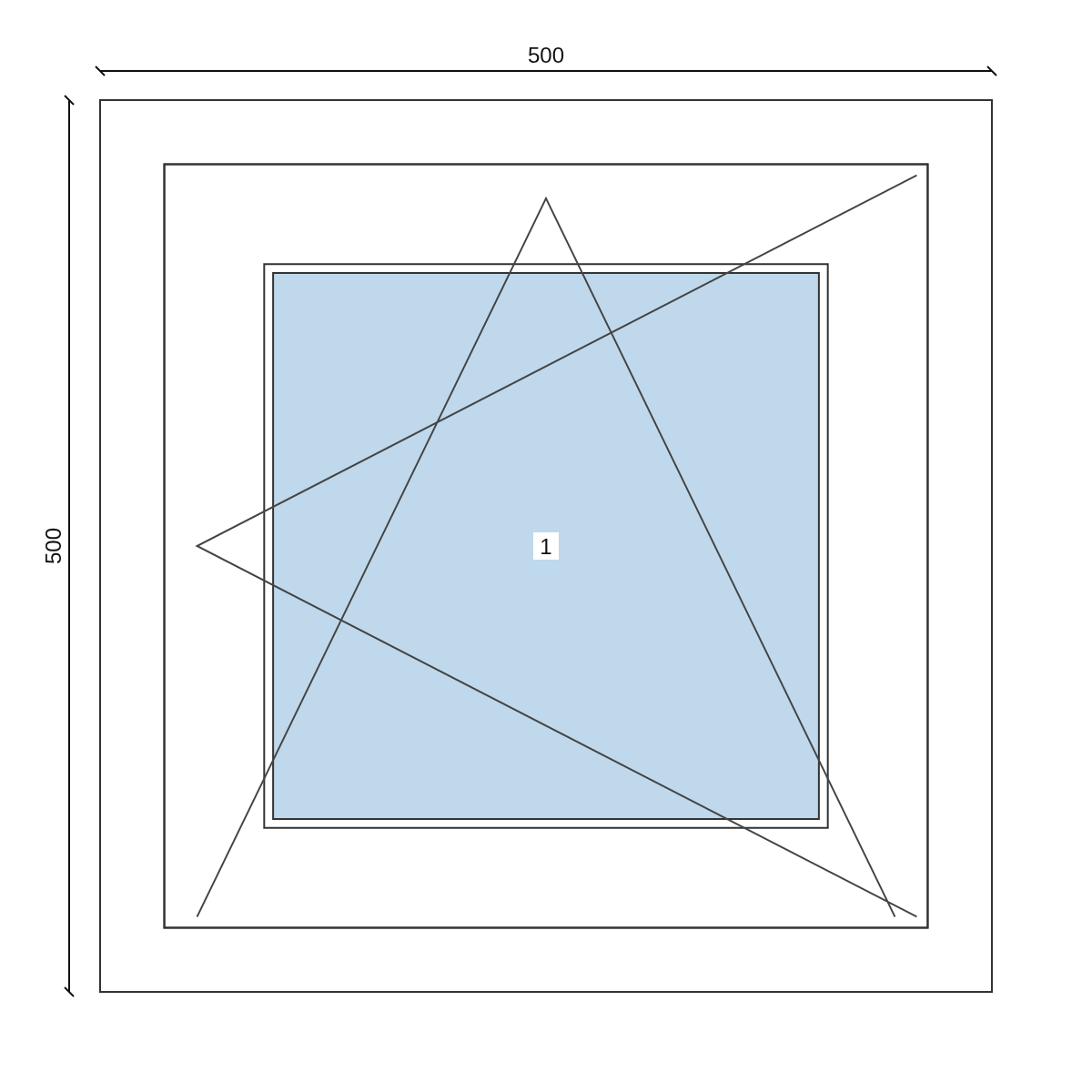 Serramento in PVC 500 × 500 mm, disegno della configurazione
