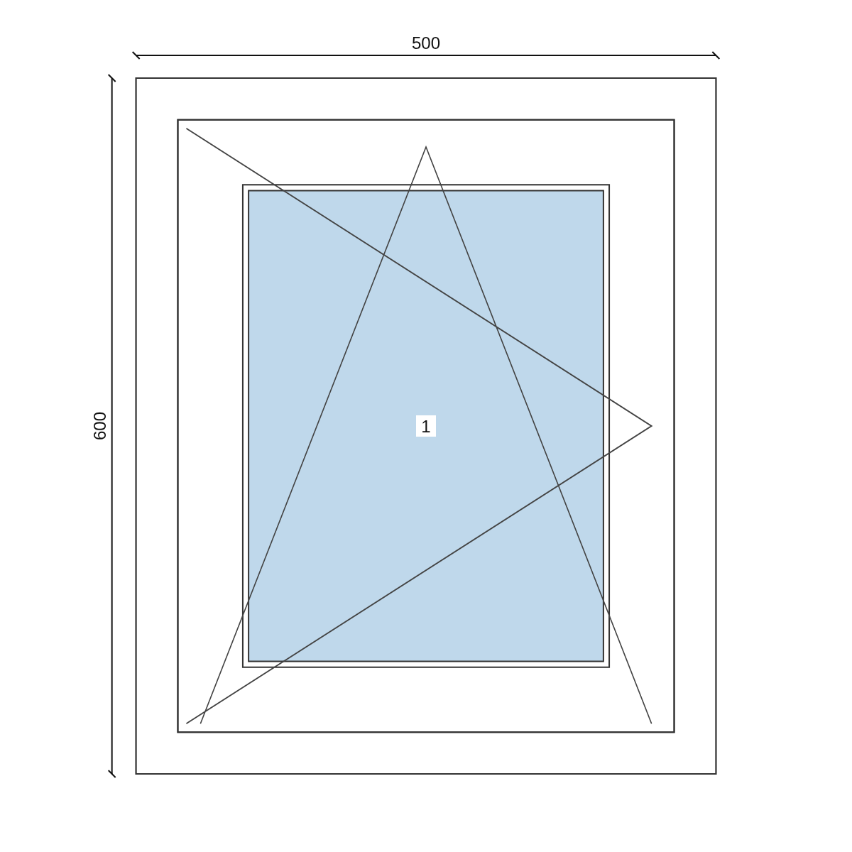 Serramento in PVC 500 × 600 mm, disegno della configurazione