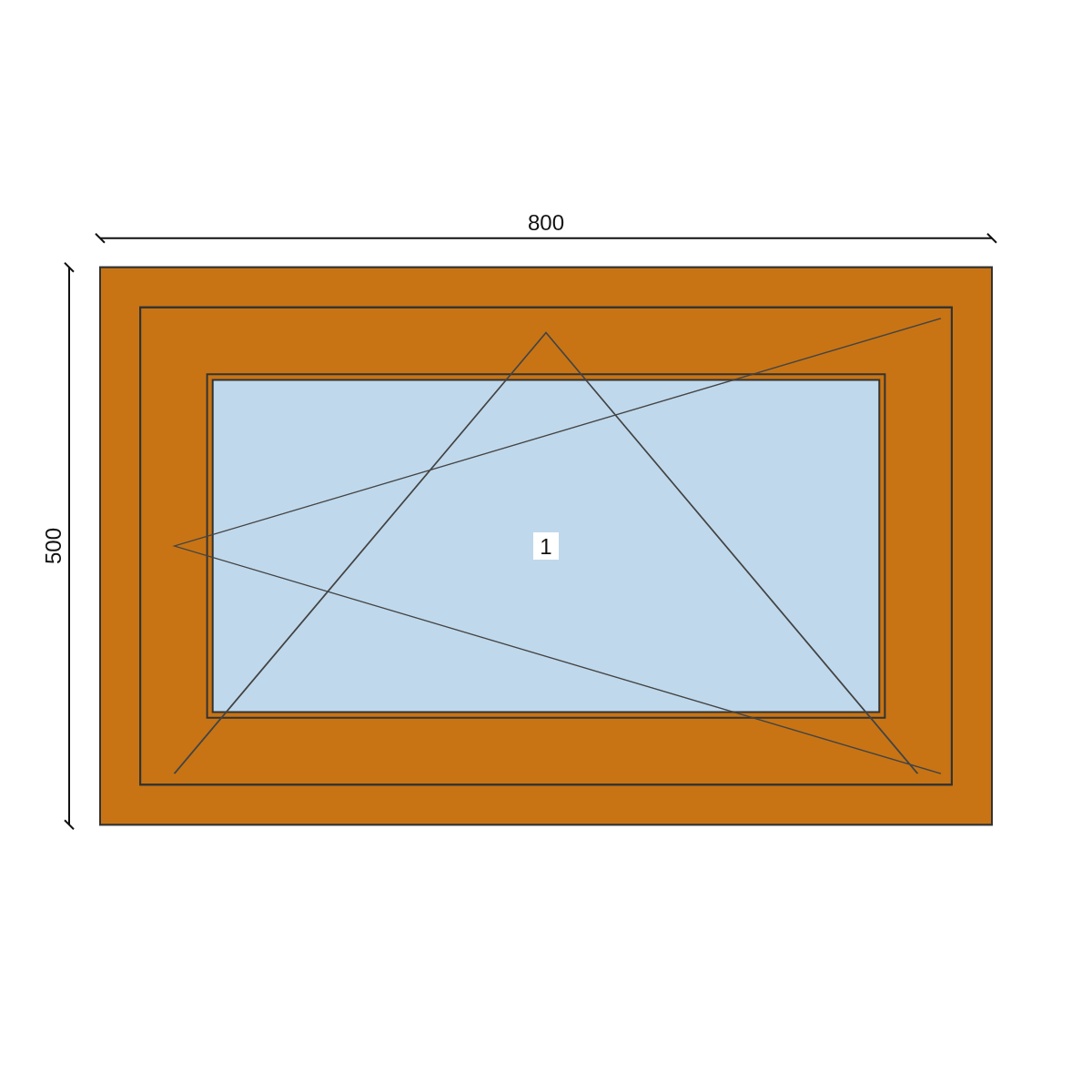 Serramento in PVC 800 × 500 mm, disegno della configurazione