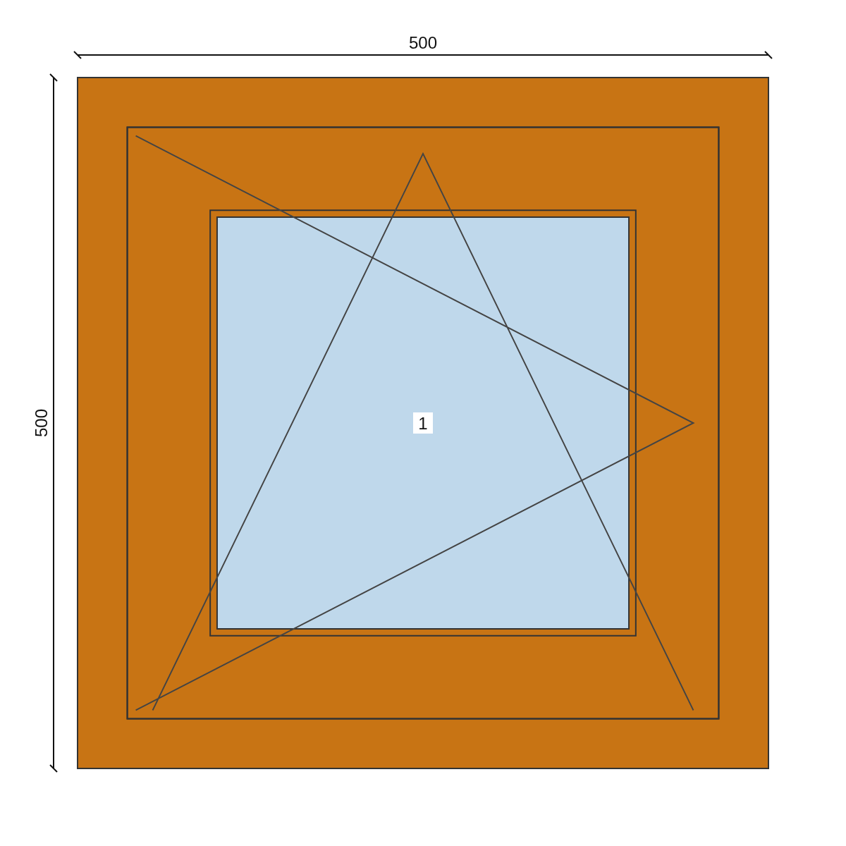 Serramento in PVC 500 × 500 mm, disegno della configurazione