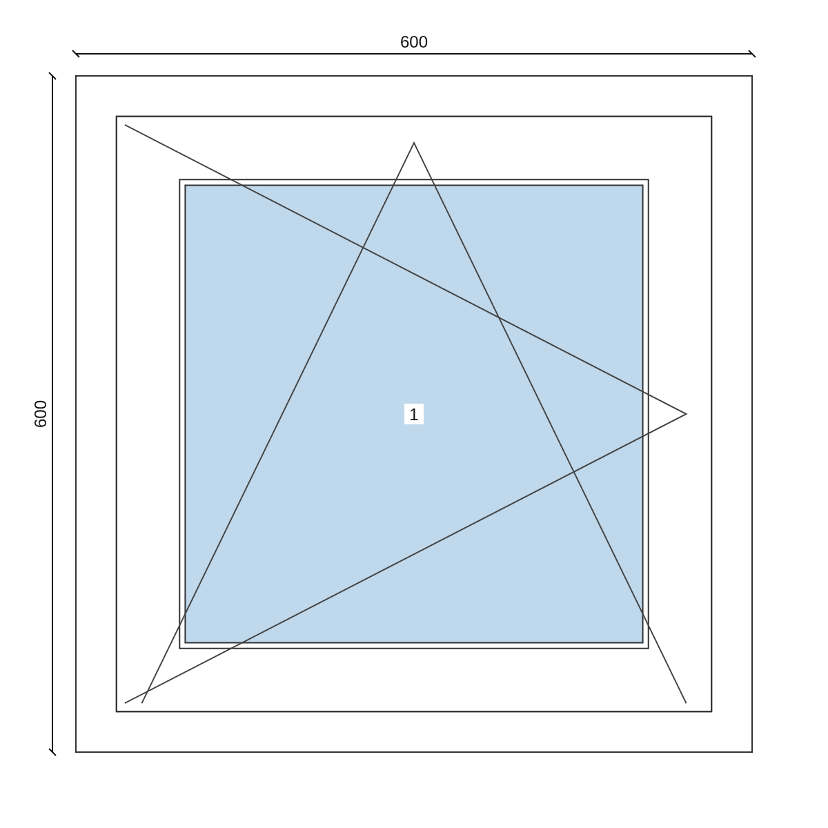 Serramento in PVC 600 × 600 mm, disegno della configurazione