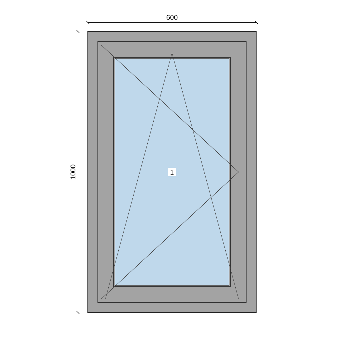 Serramento in PVC 600 × 1000 mm, disegno della configurazione