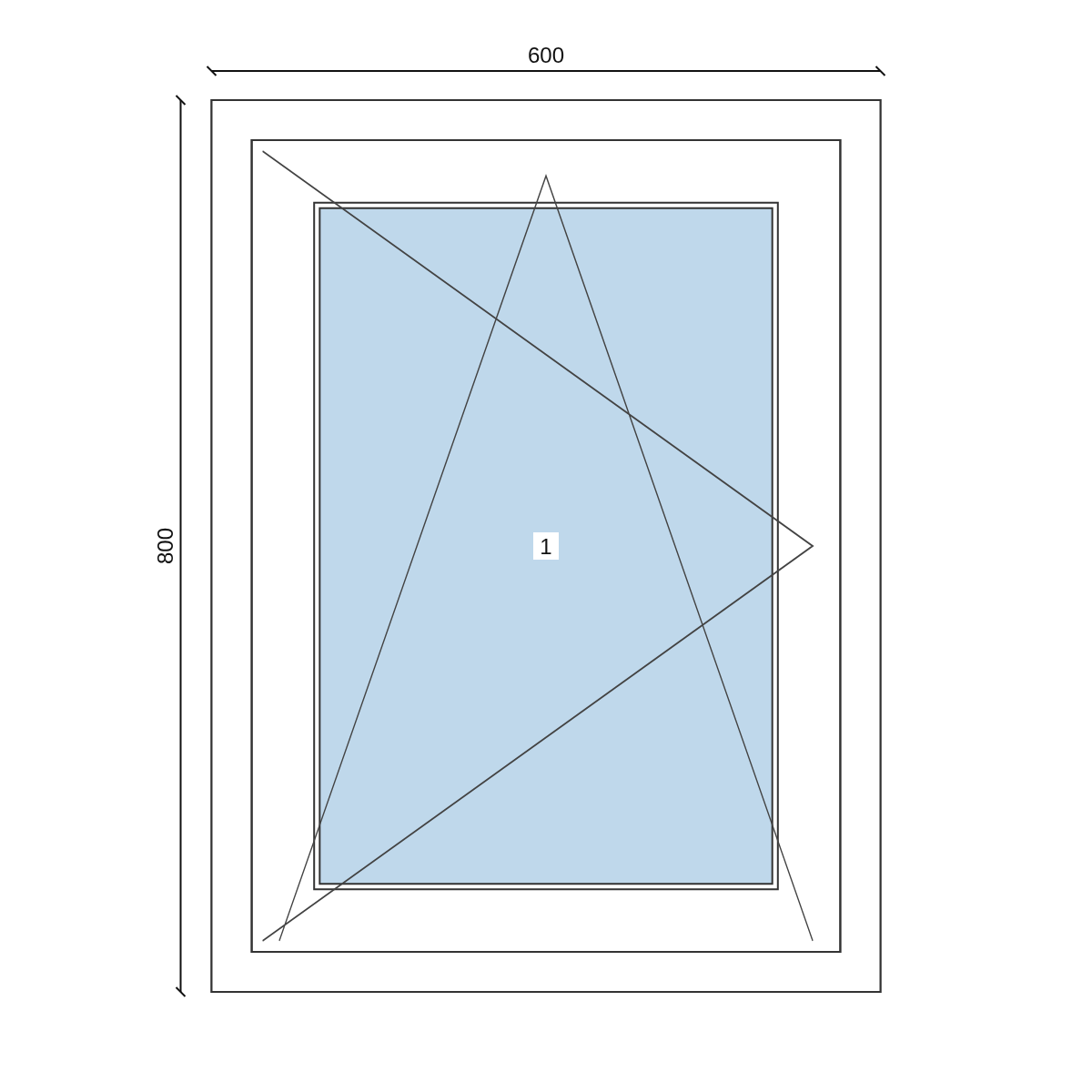 Serramento in PVC 600 × 800 mm, disegno della configurazione