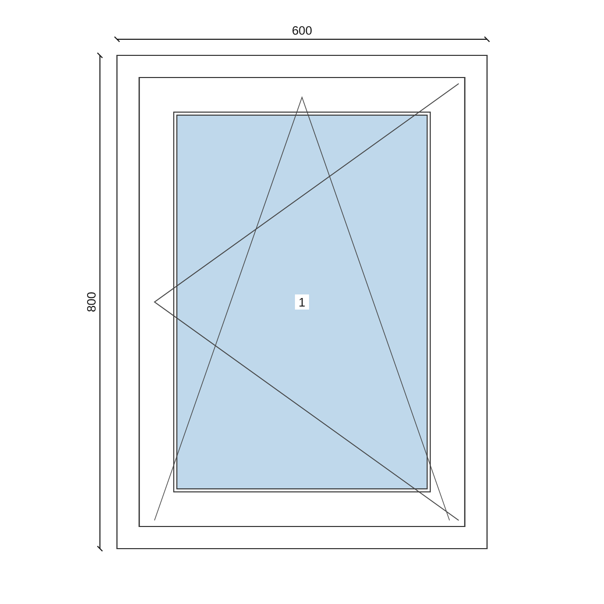 Serramento in PVC 600 × 800 mm, disegno della configurazione