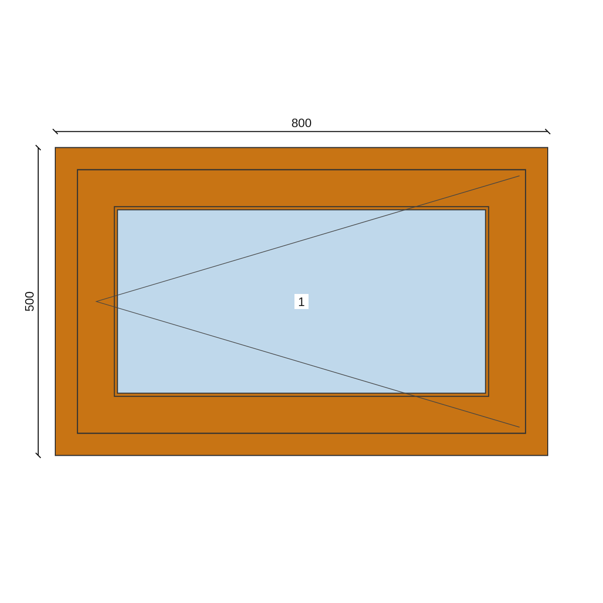 Serramento in PVC 800 × 500 mm, disegno della configurazione