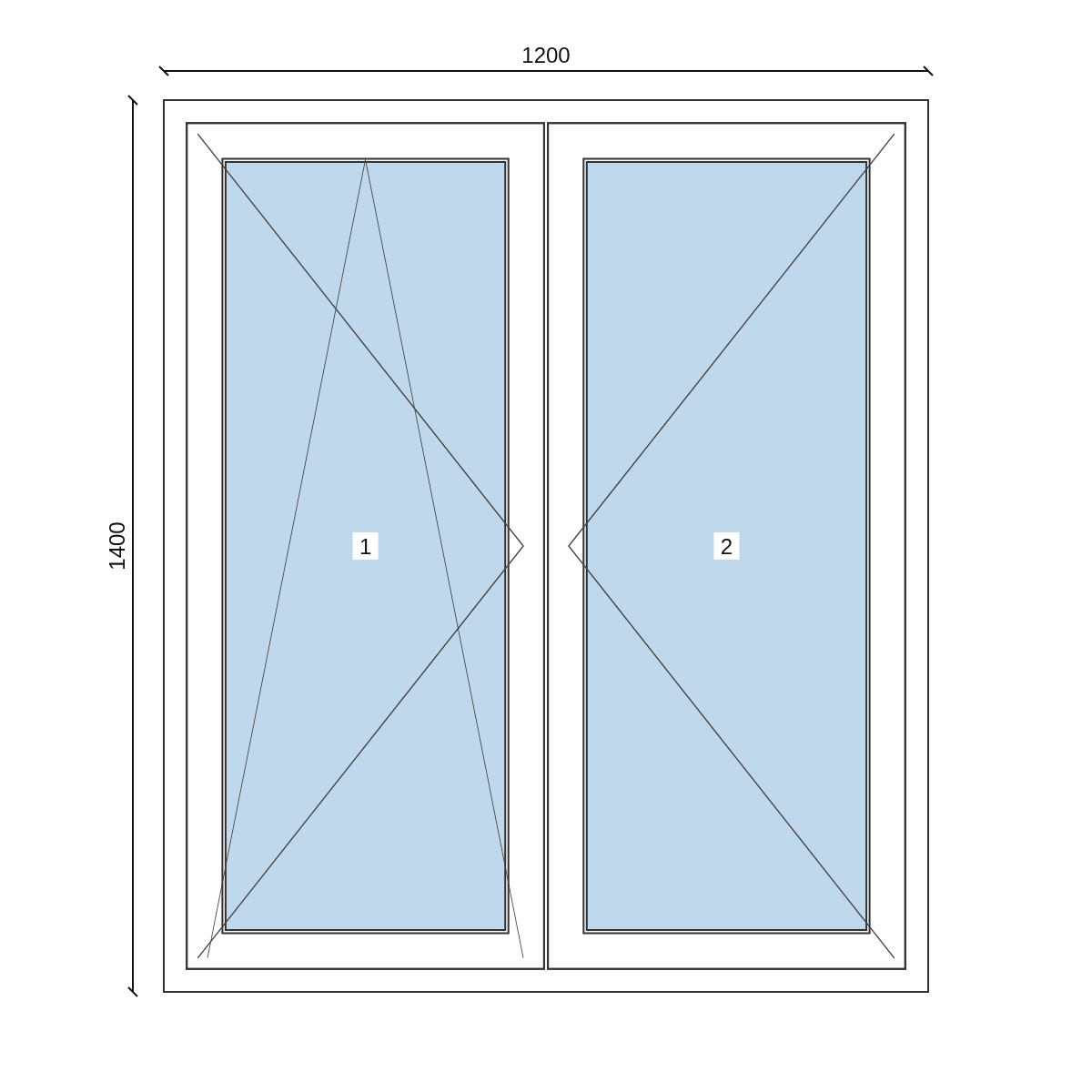 Serramento in PVC 1200 × 1400 mm, disegno della configurazione