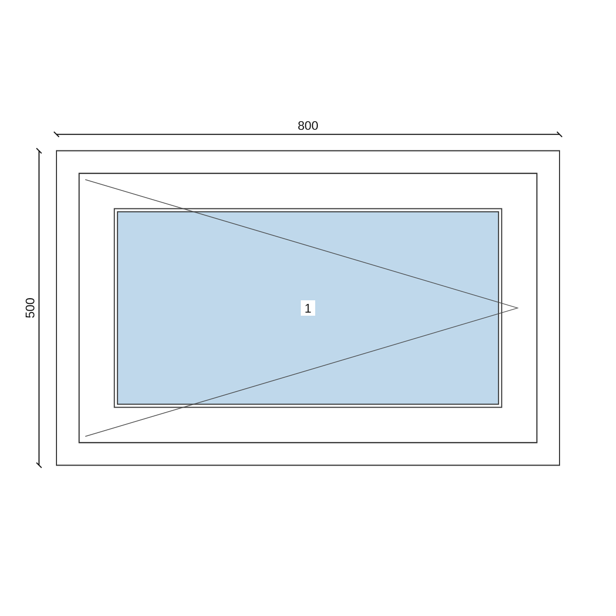 Serramento in PVC 800 × 500 mm, disegno della configurazione
