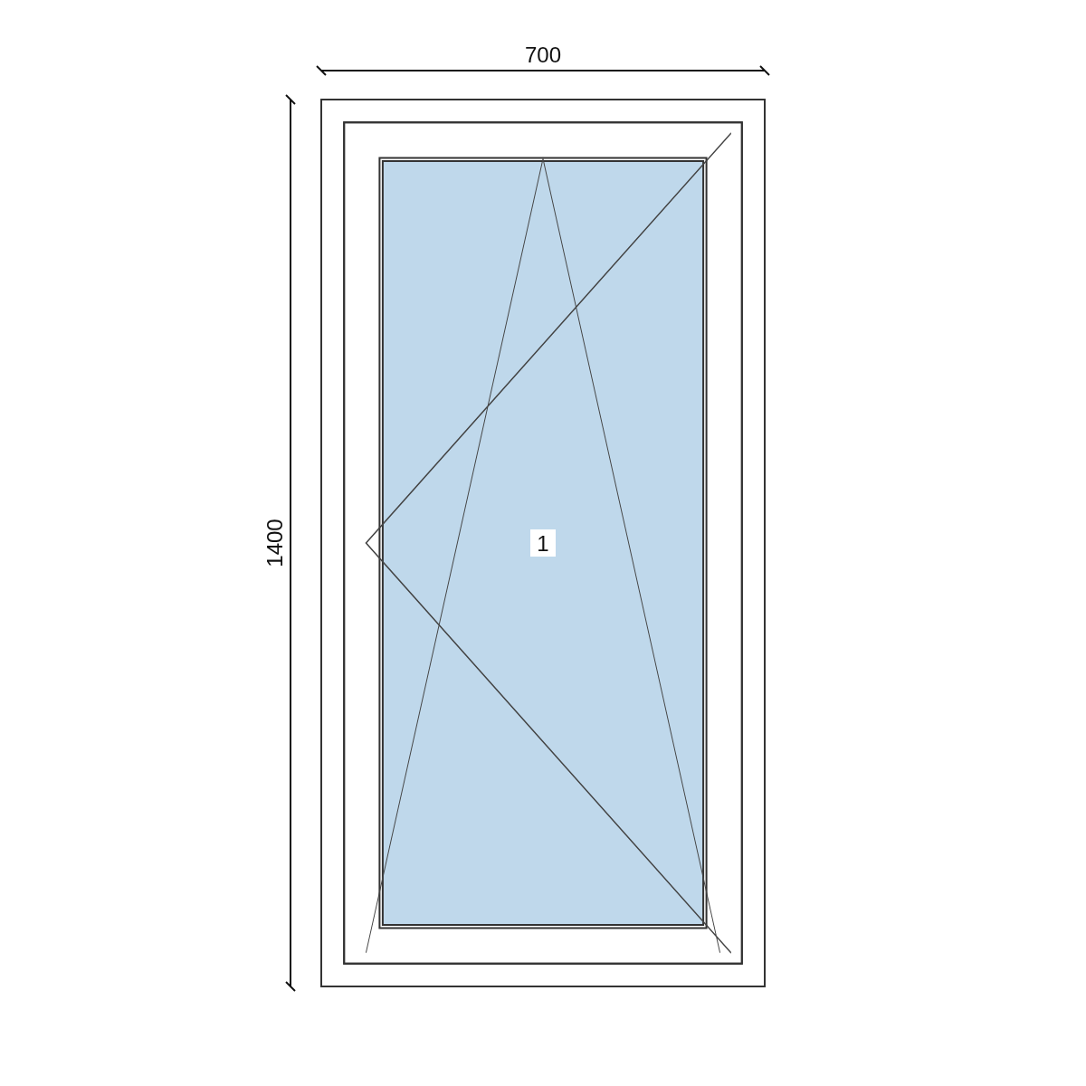 Serramento in PVC 700 × 1400 mm, disegno della configurazione