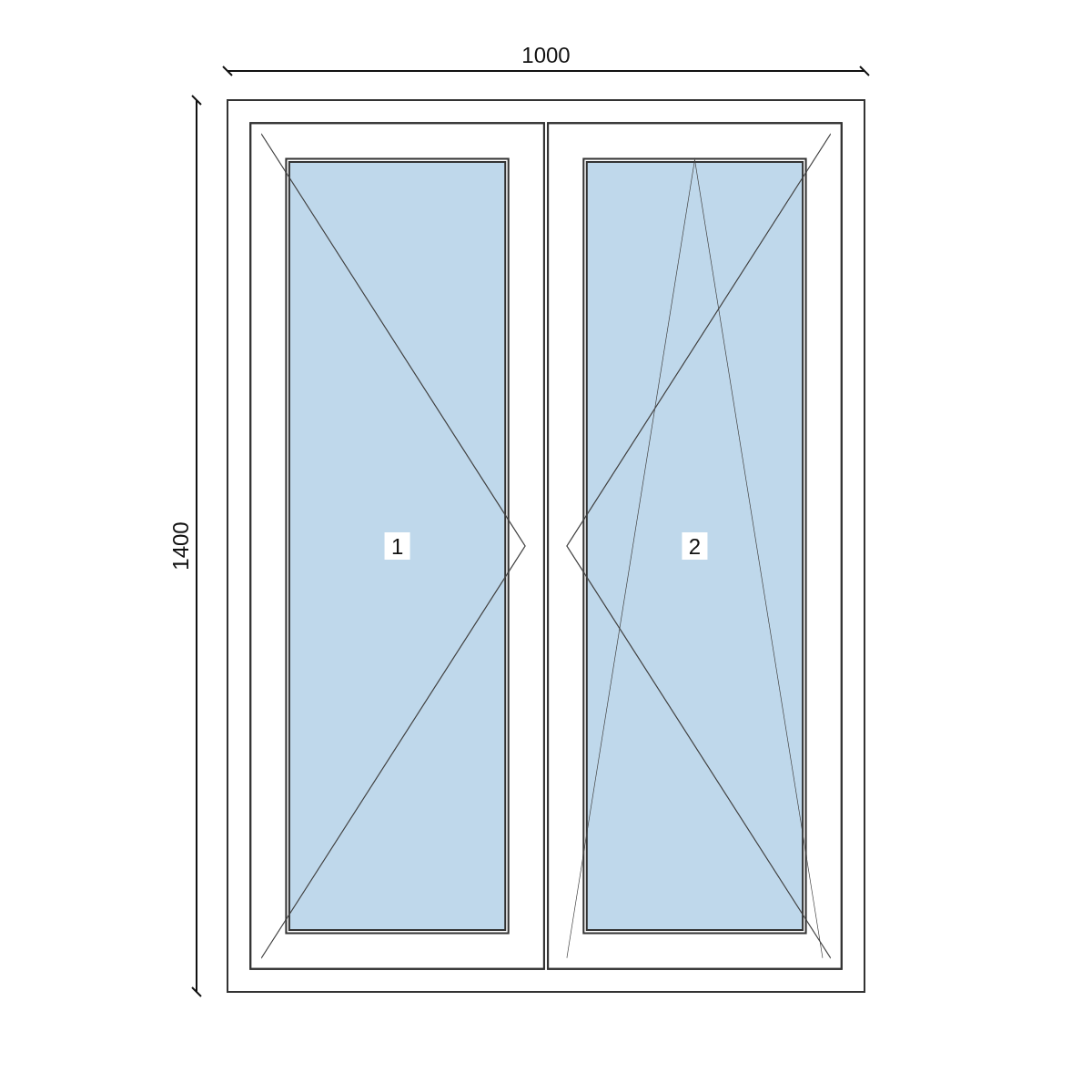 Serramento in PVC 1000 × 1400 mm, disegno della configurazione