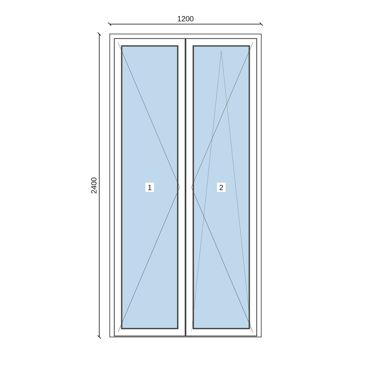 Serramento in PVC 1200 × 2400 mm, disegno della configurazione