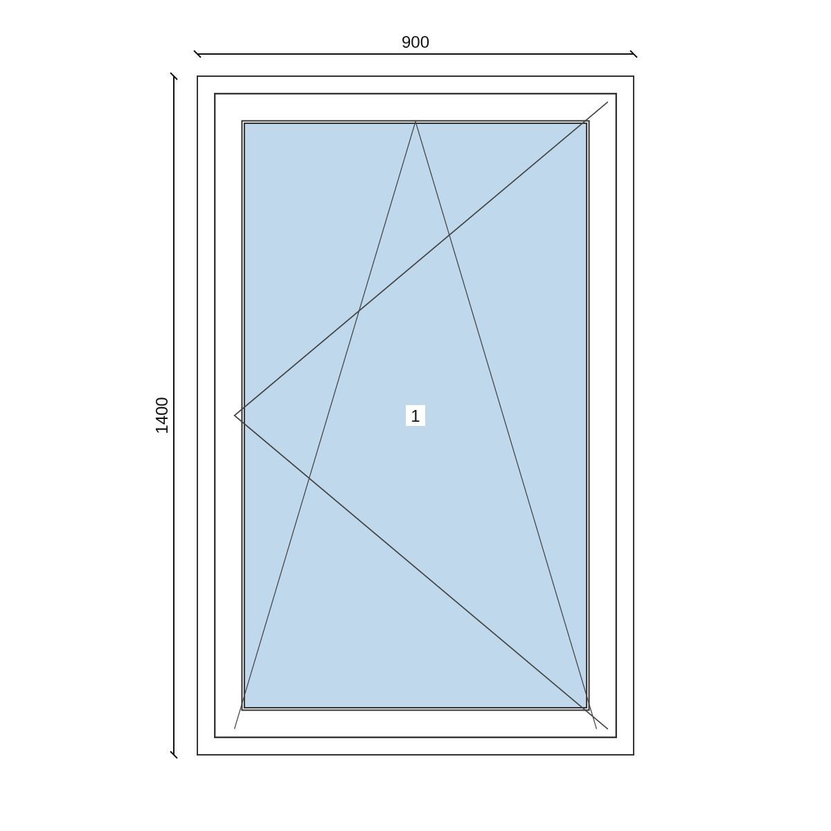 Serramento in PVC 900 × 1400 mm, disegno della configurazione