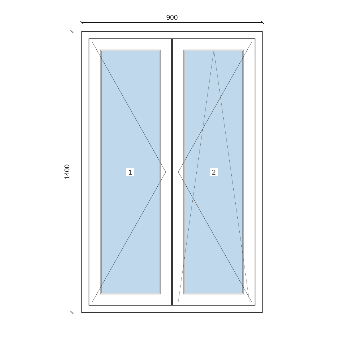 Serramento in PVC 900 × 1400 mm, disegno della configurazione